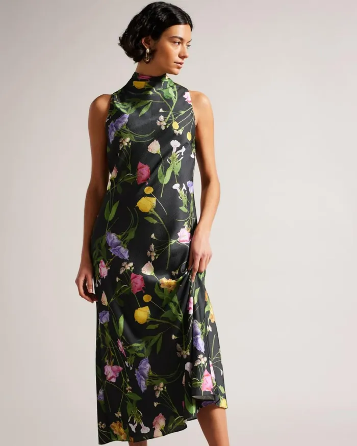Cowl Neck Midi Slip Dress Black Women Ted Baker Clothing
