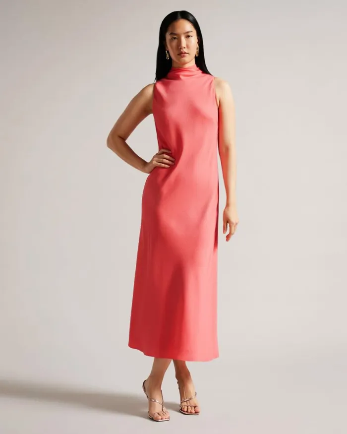 Cowl Neck Sleeveless Midi Slip Dress Coral Women Ted Baker Clothing