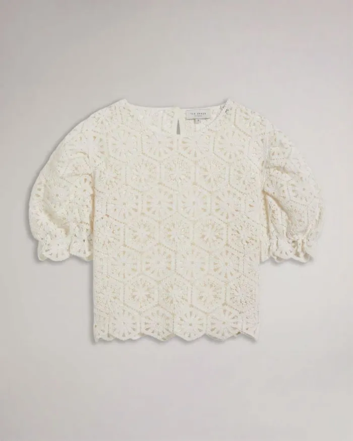 Crochet Knit Puff Sleeve Top White Women Ted Baker Clothing