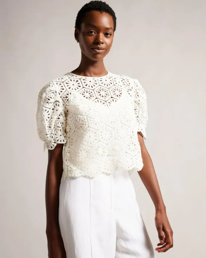Crochet Knit Puff Sleeve Top White Women Ted Baker Clothing Crochet Knit Puff Sleeve Top White Women Ted Baker Clothing