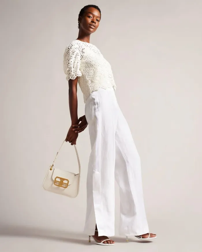 Crochet Knit Puff Sleeve Top White Women Ted Baker Clothing Crochet Knit Puff Sleeve Top White Women Ted Baker Clothing