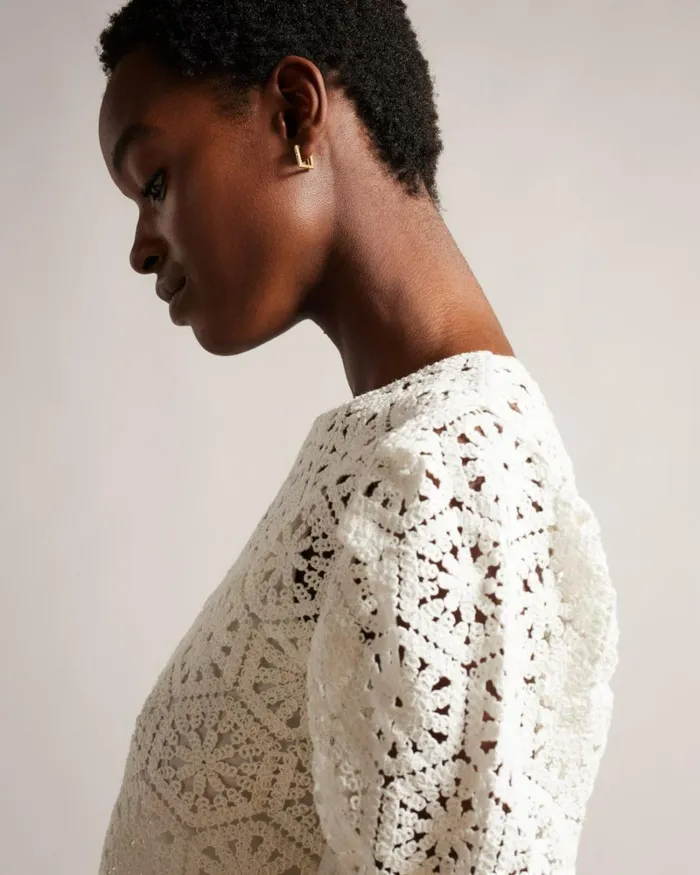 Crochet Knit Puff Sleeve Top White Women Ted Baker Clothing Crochet Knit Puff Sleeve Top White Women Ted Baker Clothing