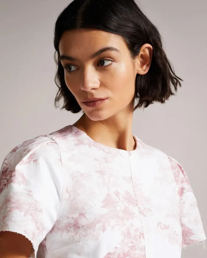 Cropped Denim T Shirt With Raw Edge Medium Pink Women Ted Baker Tops and TShirts
