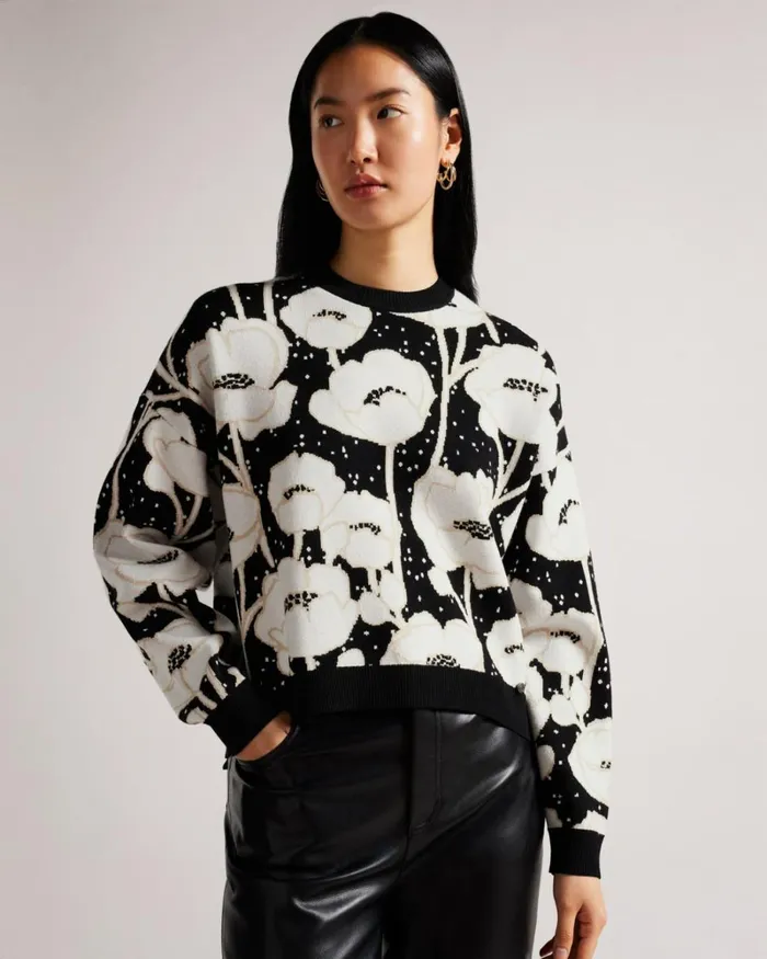 Cropped Jacquard Knitted Jumper Black Women Ted Baker Sweaters