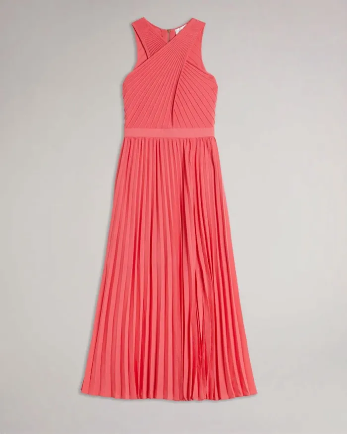 Cross Front Pleated Dress With Knit Bodice Coral Women Ted Baker Dresses