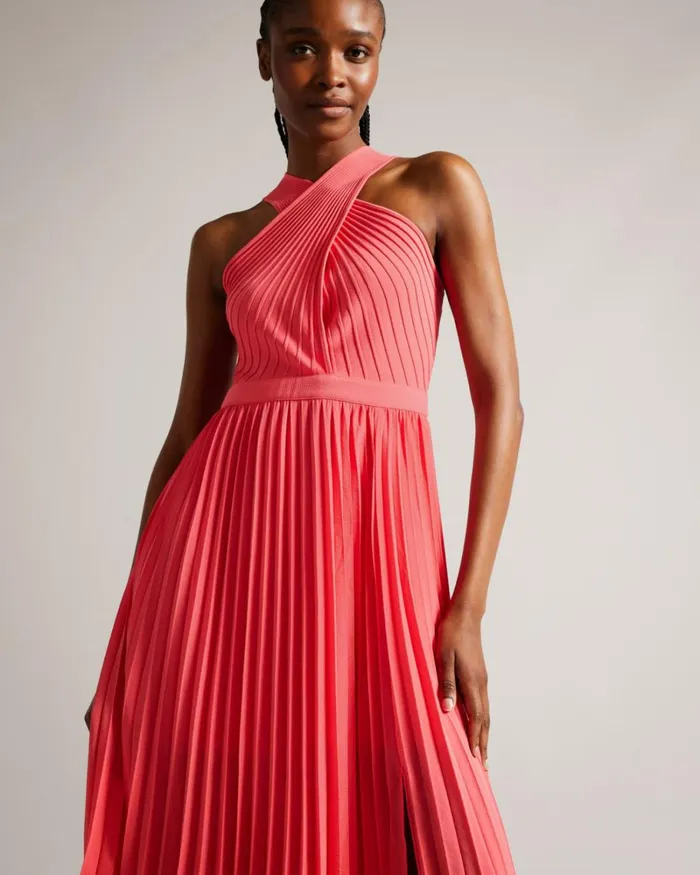 Cross Front Pleated Dress With Knit Bodice Coral Women Ted Baker Dresses Cross Front Pleated Dress With Knit Bodice Coral Women Ted Baker Dresses