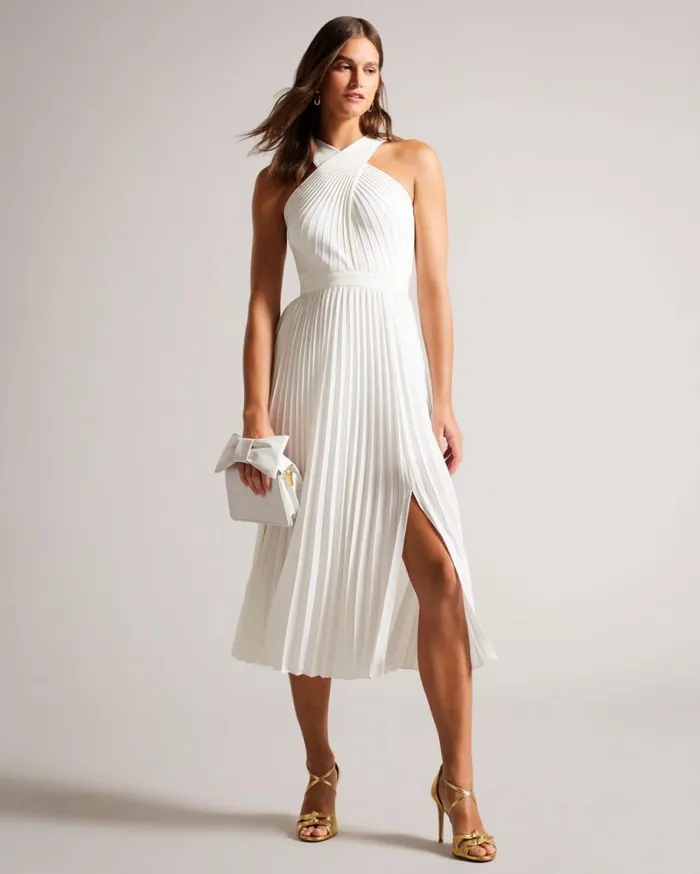 Cross Front Pleated Dress With Knit Bodice Cream Women Ted Baker Clothing Cross Front Pleated Dress With Knit Bodice Cream Women Ted Baker Clothing