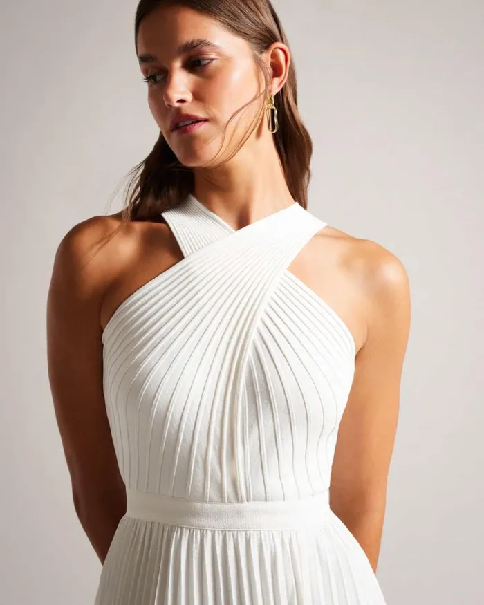 Cross Front Pleated Dress With Knit Bodice Cream Women Ted Baker Clothing Cross Front Pleated Dress With Knit Bodice Cream Women Ted Baker Clothing