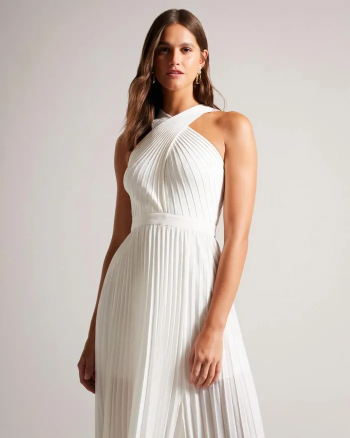 Cross Front Pleated Dress With Knit Bodice Cream Women Ted Baker Clothing Cross Front Pleated Dress With Knit Bodice Cream Women Ted Baker Clothing