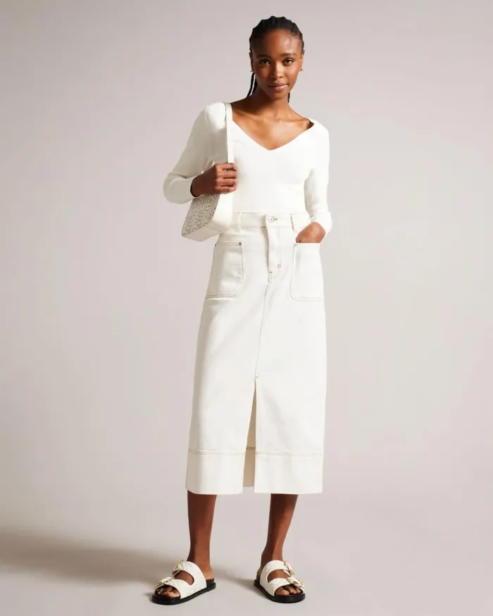 Denim Midi Pencil Skirt Ivory Women Ted Baker Clothing Denim Midi Pencil Skirt Ivory Women Ted Baker Clothing