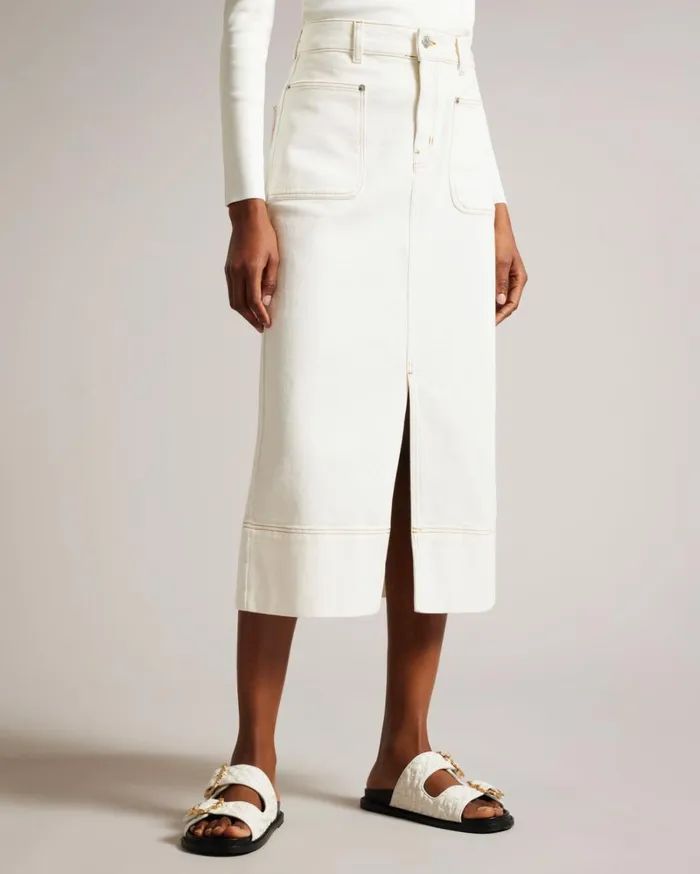 Denim Midi Pencil Skirt Ivory Women Ted Baker Clothing Denim Midi Pencil Skirt Ivory Women Ted Baker Clothing