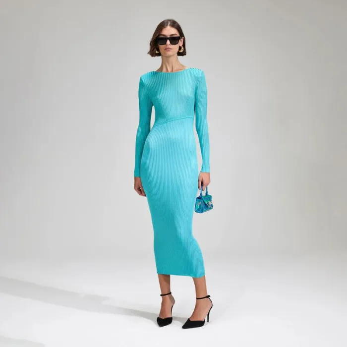 Dresses Woman SelfPortrait Aqua Viscose Knitted Midi Dress