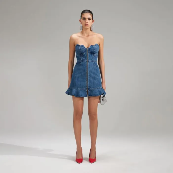 Dresses Woman SelfPortrait Bandeau Denim Mini Dress With Scalloped Edge