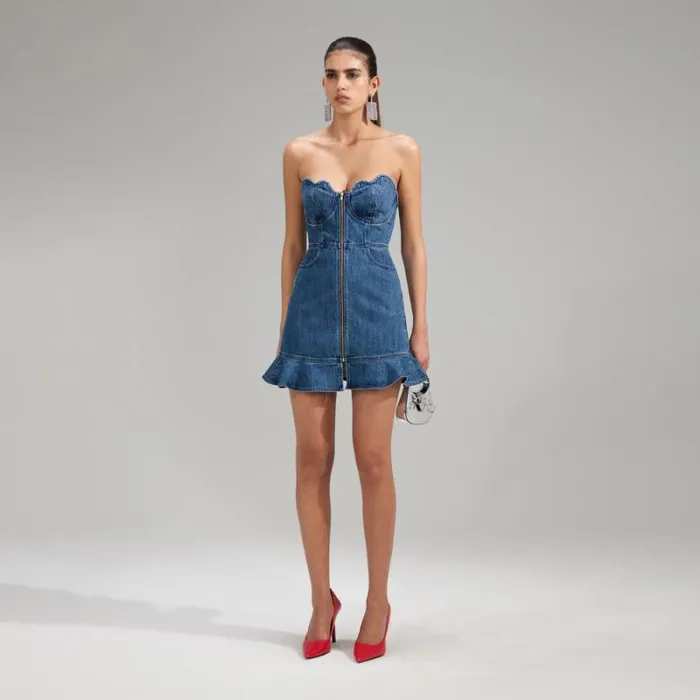 Dresses Woman SelfPortrait Bandeau Denim Mini Dress With Scalloped Edge Dresses Woman SelfPortrait Bandeau Denim Mini Dress With Scalloped Edge