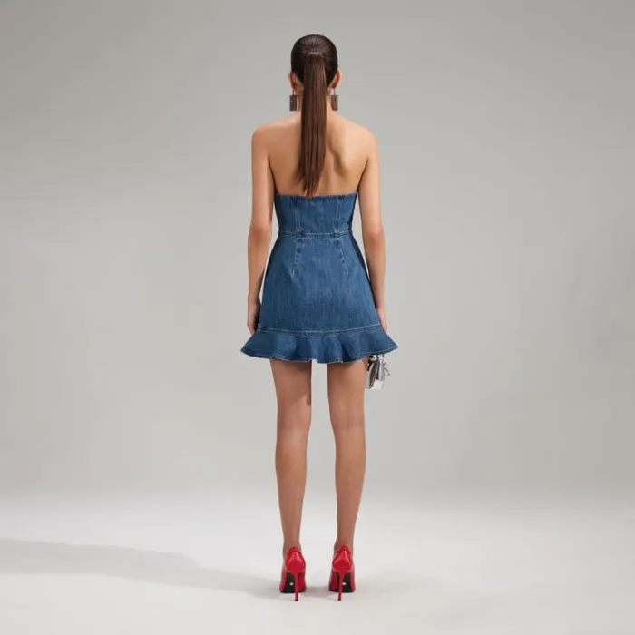 Dresses Woman SelfPortrait Bandeau Denim Mini Dress With Scalloped Edge Dresses Woman SelfPortrait Bandeau Denim Mini Dress With Scalloped Edge