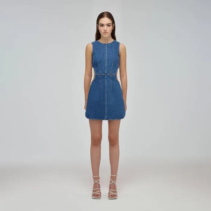 Dresses Woman SelfPortrait Bandeau Denim Mini Dress With Scalloped Edge Dresses Woman SelfPortrait Bandeau Denim Mini Dress With Scalloped Edge