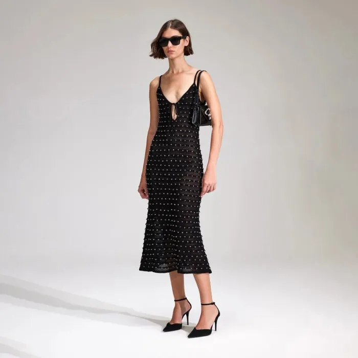 Dresses Woman SelfPortrait Black Beaded Strappy Knit Midi Dress Dresses Woman SelfPortrait Black Beaded Strappy Knit Midi Dress