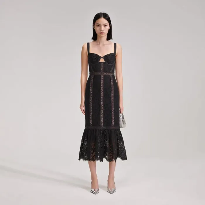 Dresses Woman SelfPortrait Black Cord Lace Insert Midi Dress