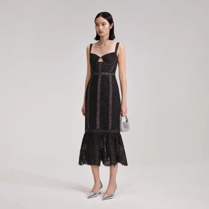 Dresses Woman SelfPortrait Black Cord Lace Insert Midi Dress Dresses Woman SelfPortrait Black Cord Lace Insert Midi Dress