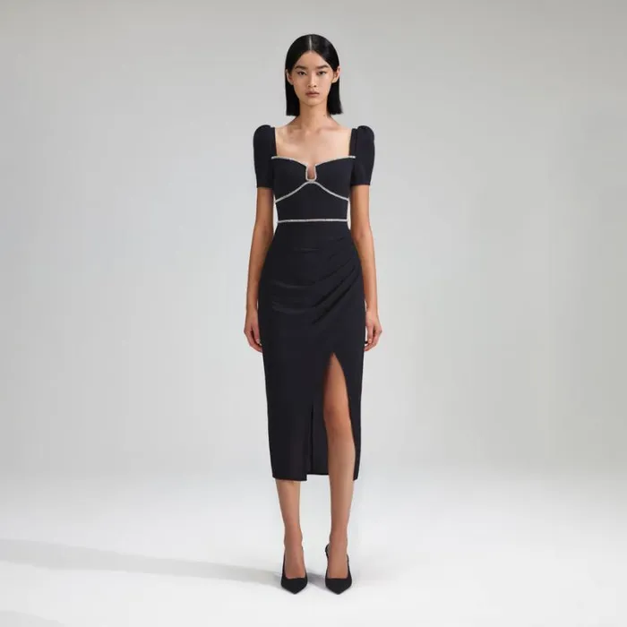 Dresses Woman SelfPortrait Black Crepe Diamante Midi Dress