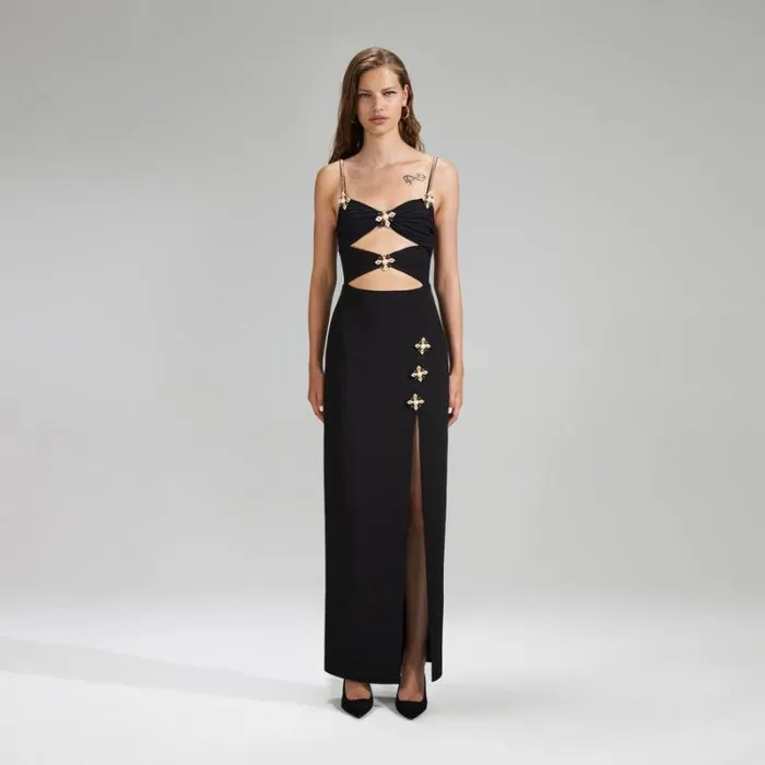 Dresses Woman SelfPortrait Black Crepe Midi Dress With Chain Straps