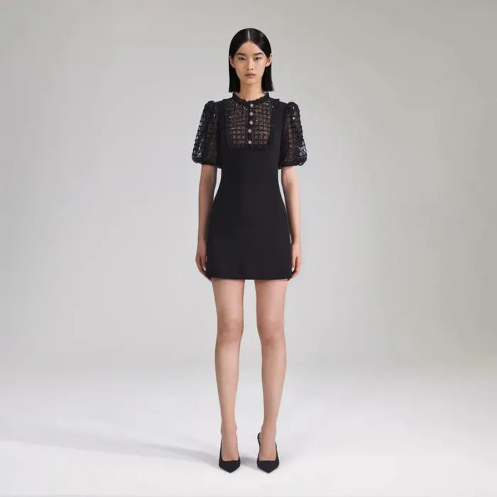 Dresses Woman SelfPortrait Black Crepe Puff Sleeve Mini Dress