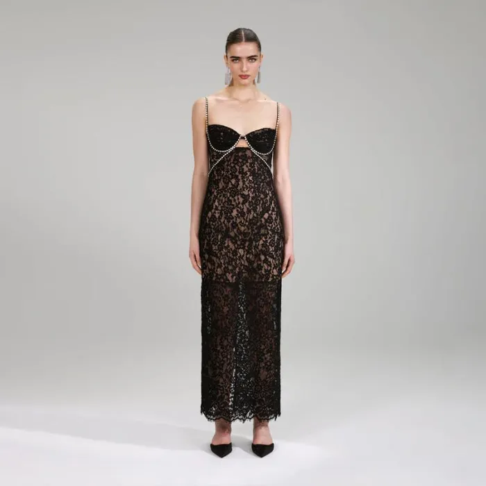 Dresses Woman SelfPortrait Black Fine Lace Maxi Dress