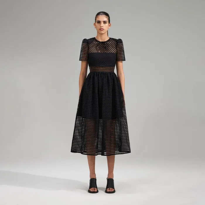 Dresses Woman SelfPortrait Black Grid Lace Midi Dress