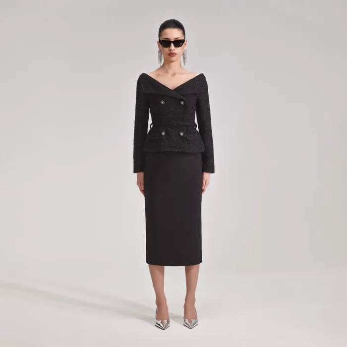Dresses Woman SelfPortrait Black Off Shoulder Boucle Midi Dress