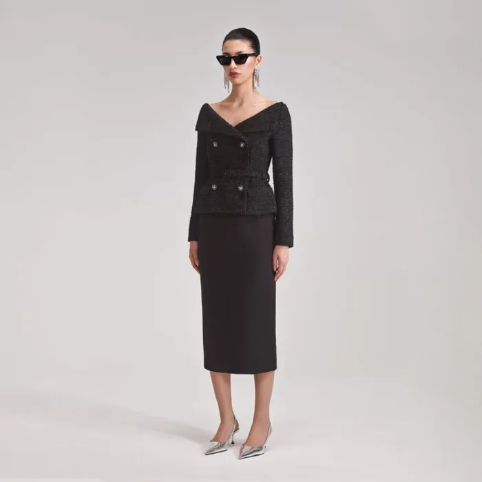 Dresses Woman SelfPortrait Black Off Shoulder Boucle Midi Dress Dresses Woman SelfPortrait Black Off Shoulder Boucle Midi Dress