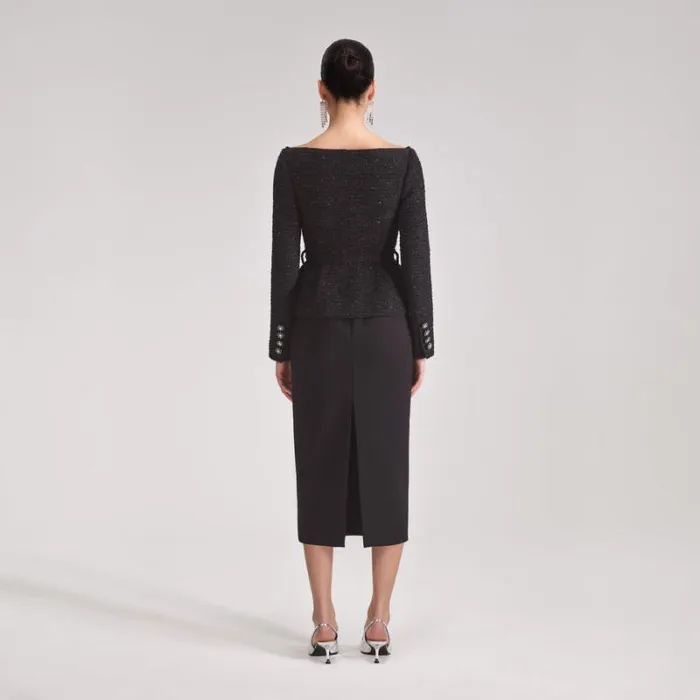 Dresses Woman SelfPortrait Black Off Shoulder Boucle Midi Dress Dresses Woman SelfPortrait Black Off Shoulder Boucle Midi Dress