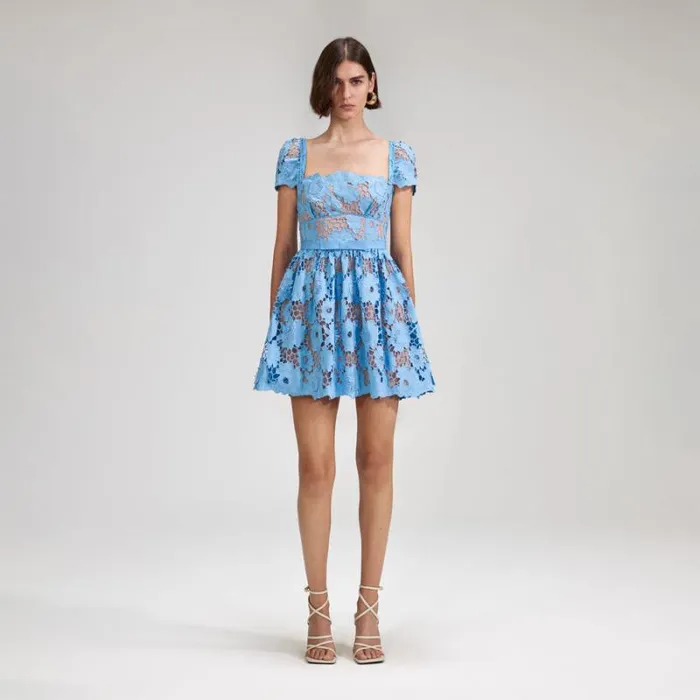 Dresses Woman SelfPortrait Blue 3D Cotton Lace Mini Dress