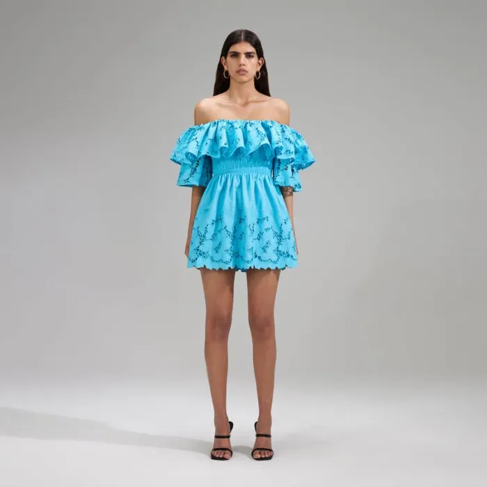 Dresses Woman SelfPortrait Blue 3D Cotton Lace Mini Dress Dresses Woman SelfPortrait Blue 3D Cotton Lace Mini Dress