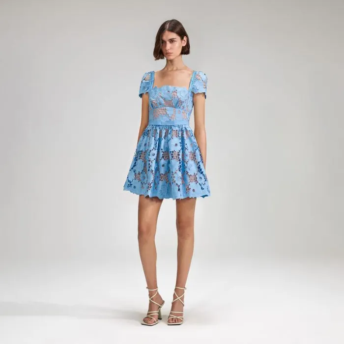 Dresses Woman SelfPortrait Blue 3D Cotton Lace Mini Dress Dresses Woman SelfPortrait Blue 3D Cotton Lace Mini Dress