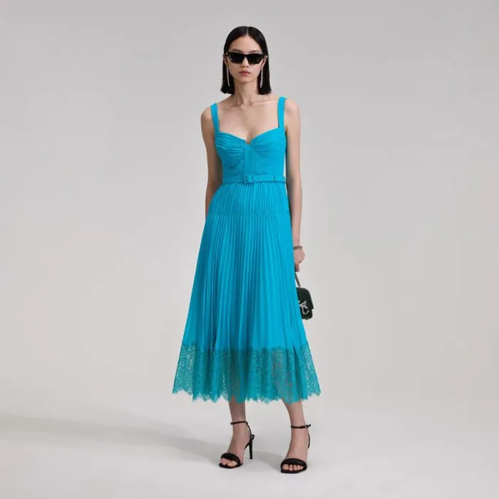 Dresses Woman SelfPortrait Blue Chiffon Lace Midi Dress
