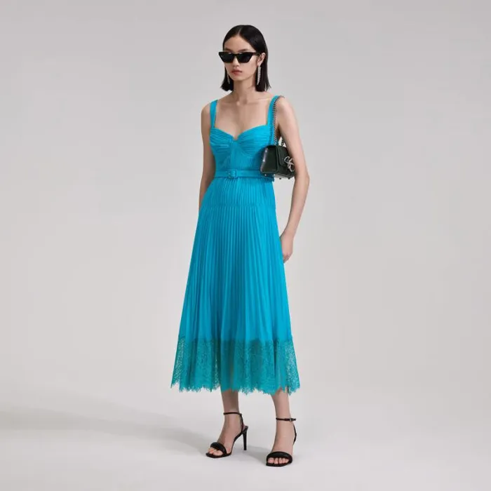 Dresses Woman SelfPortrait Blue Chiffon Lace Midi Dress Dresses Woman SelfPortrait Blue Chiffon Lace Midi Dress