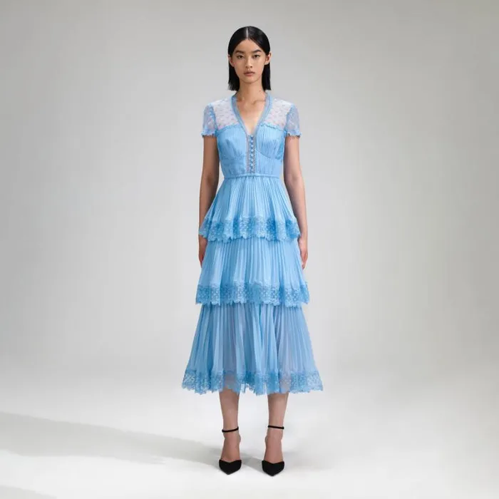 Dresses Woman SelfPortrait Blue Chiffon Tiered V Neck Midi Dress