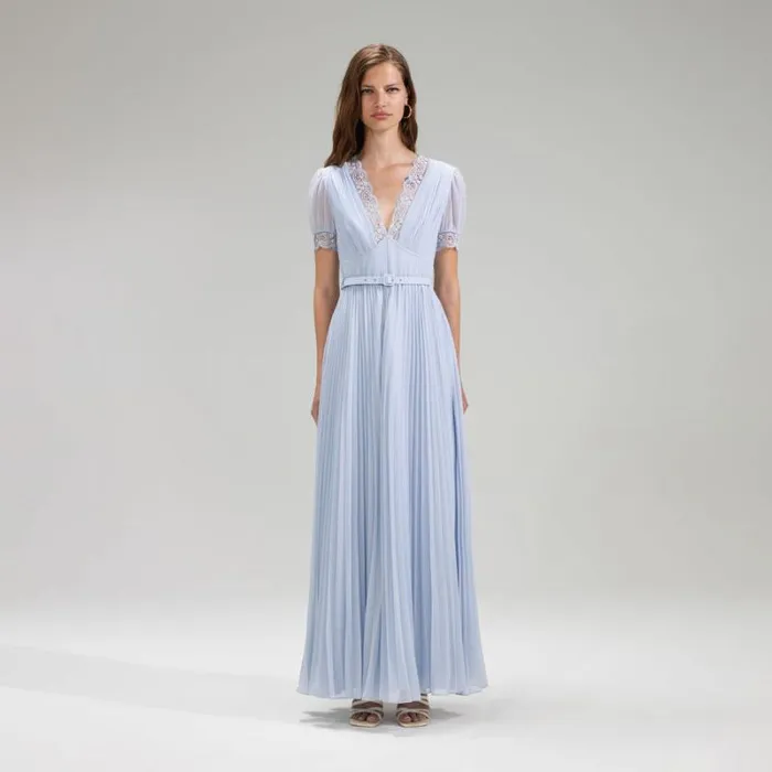 Dresses Woman SelfPortrait Blue Chiffon Tiered V Neck Midi Dress Dresses Woman SelfPortrait Blue Chiffon Tiered V Neck Midi Dress