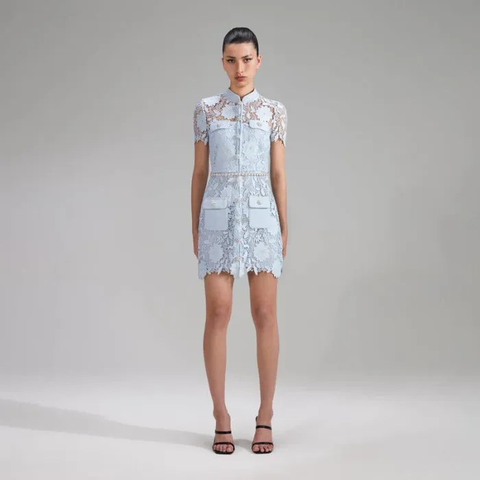 Dresses Woman SelfPortrait Blue Guipure Lace Short Sleeve Mini Dress