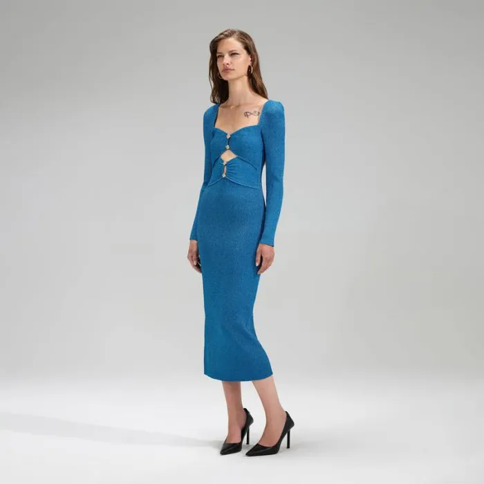 Dresses Woman SelfPortrait Blue Lurex Sweetheart Knit Midi Dress Dresses Woman SelfPortrait Blue Lurex Sweetheart Knit Midi Dress