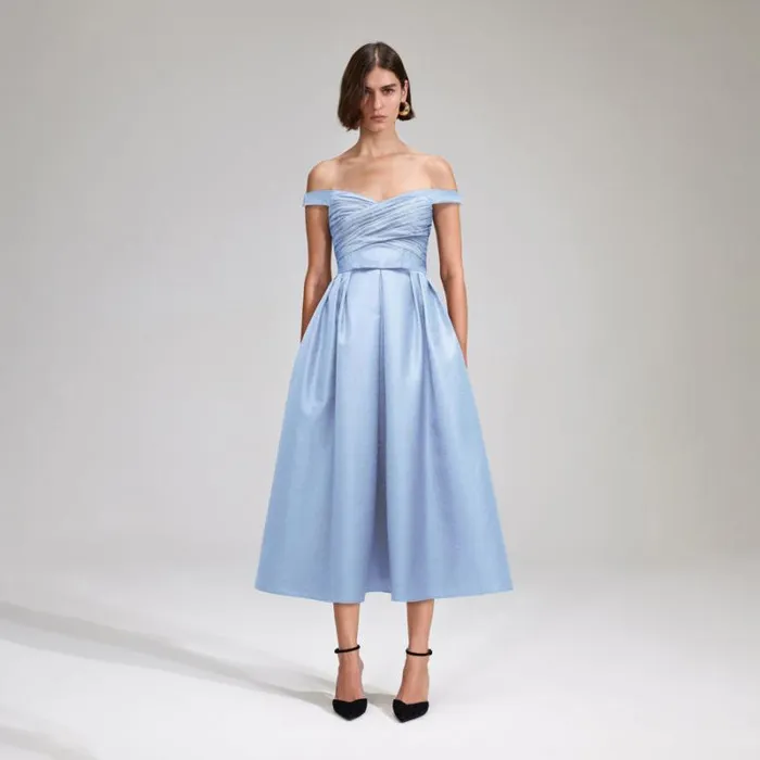 Dresses Woman SelfPortrait Blue Textured Off Shoulder Midi Dress
