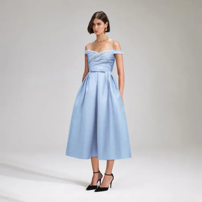 Dresses Woman SelfPortrait Blue Textured Off Shoulder Midi Dress Dresses Woman SelfPortrait Blue Textured Off Shoulder Midi Dress