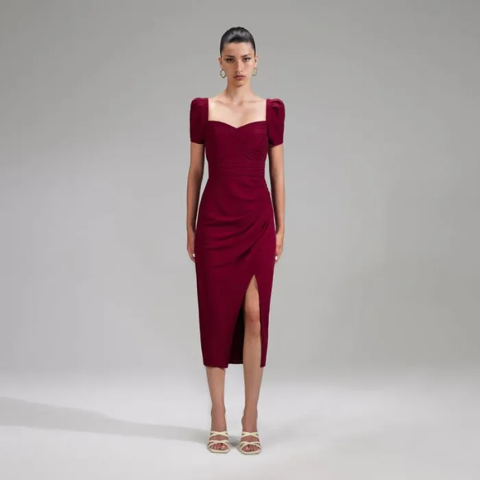 Dresses Woman SelfPortrait Burgundy Stretch Crepe Midi Dress