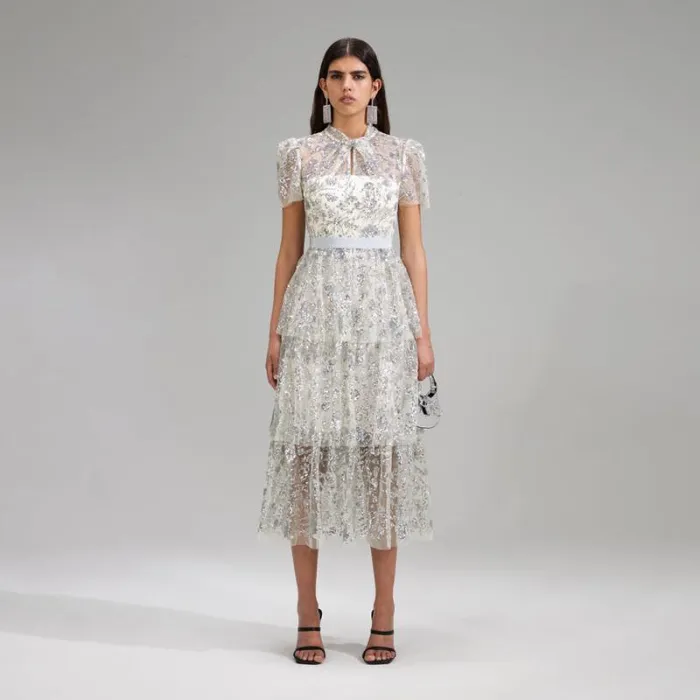 Dresses Woman SelfPortrait Champagne Sequin Tiered Midi Dress