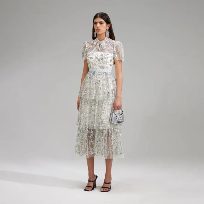 Dresses Woman SelfPortrait Champagne Sequin Tiered Midi Dress Dresses Woman SelfPortrait Champagne Sequin Tiered Midi Dress