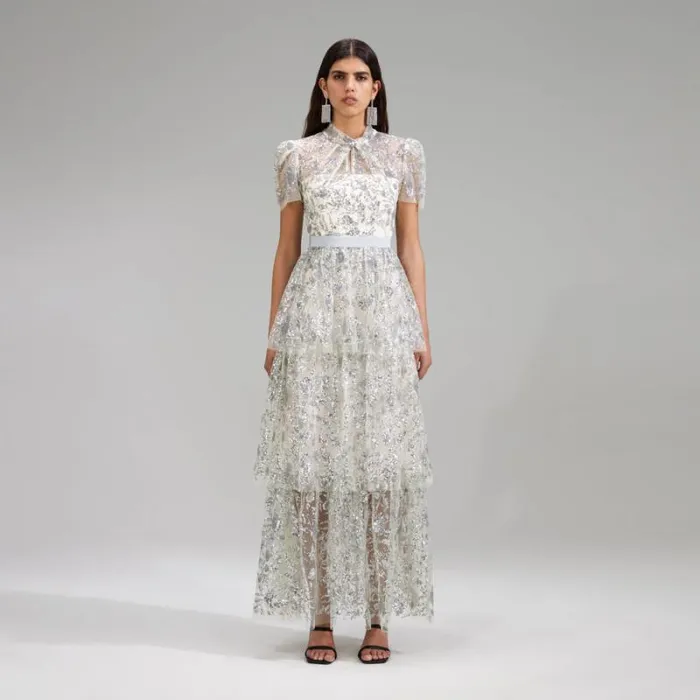 Dresses Woman SelfPortrait Champagne Sequinned Tiered Maxi Dress