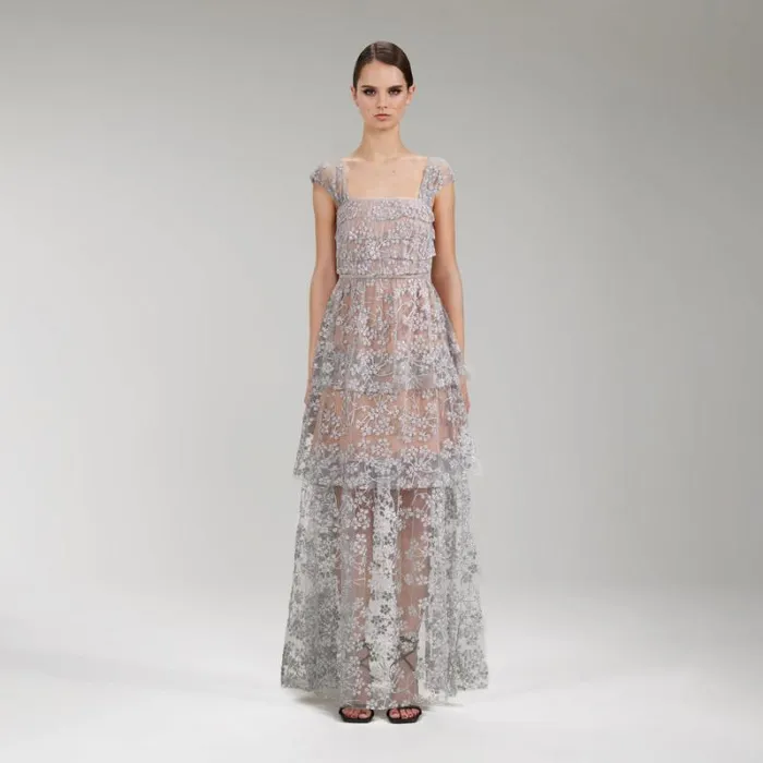 Dresses Woman SelfPortrait Champagne Sequinned Tiered Maxi Dress Dresses Woman SelfPortrait Champagne Sequinned Tiered Maxi Dress