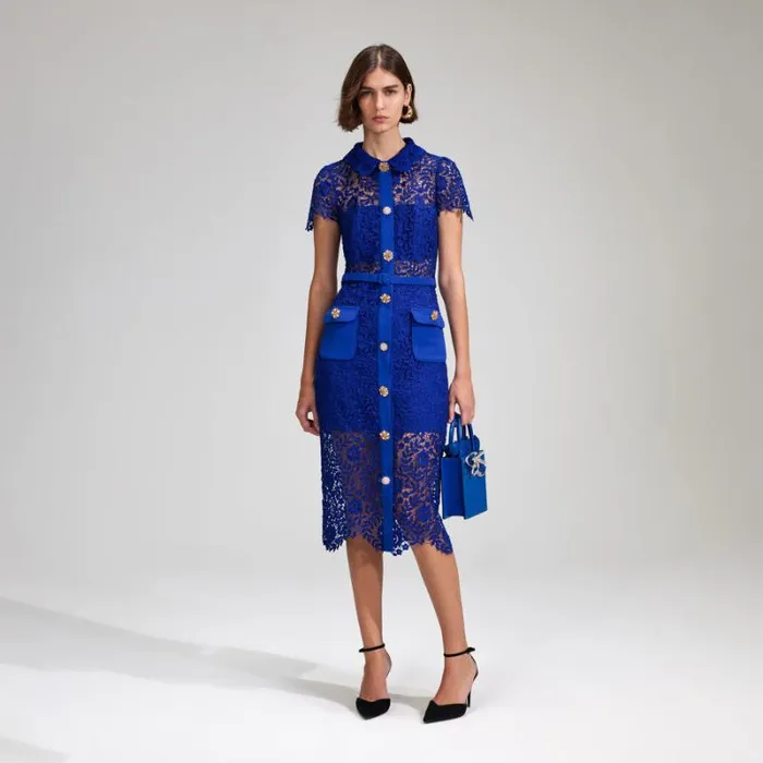 Dresses Woman SelfPortrait Cobalt Rose Lace Button Midi Dress