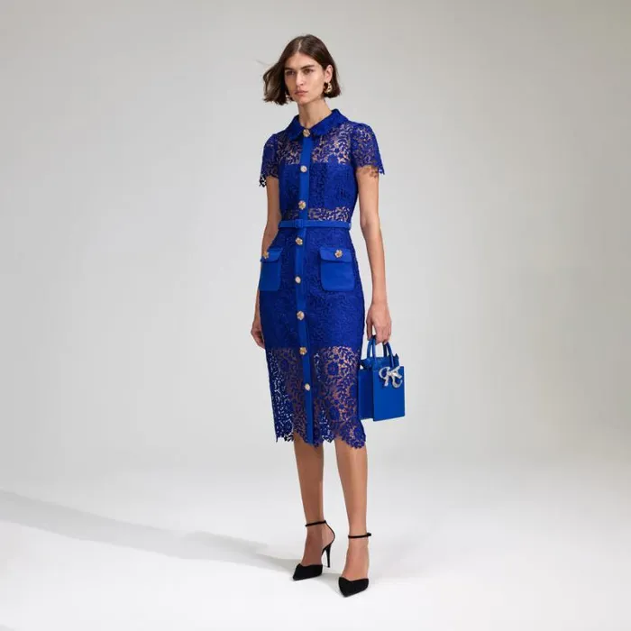 Dresses Woman SelfPortrait Cobalt Rose Lace Button Midi Dress Dresses Woman SelfPortrait Cobalt Rose Lace Button Midi Dress