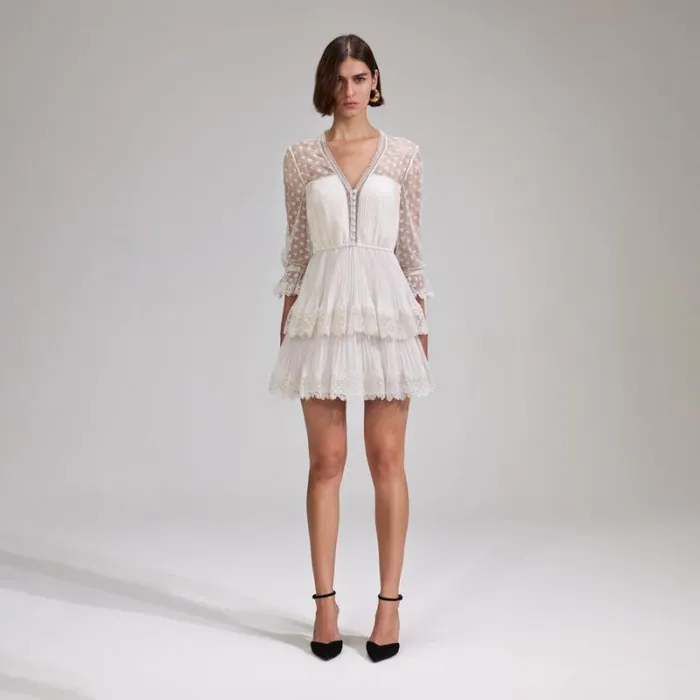 Dresses Woman SelfPortrait Cream Chiffon Lace Tiered Mini Dress
